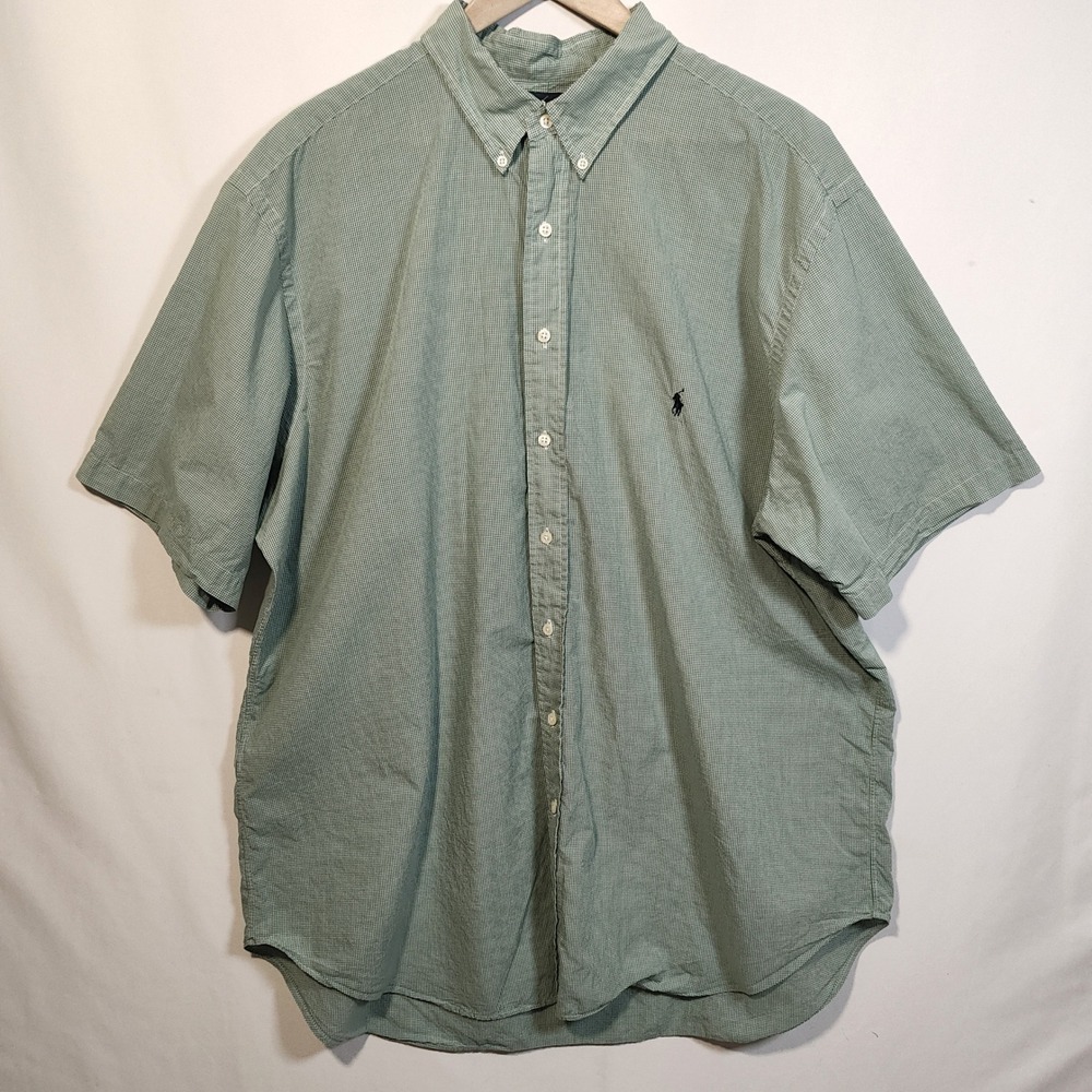Ralph Lauren Shirt Button-Down Men's 2XLT Green Gingham Short Sleeve Classic Fit